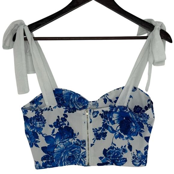 Blue White Floral Crop Top Corset Style Tie Straps Small Romantic Coastal Boho - Picture 2 of 4